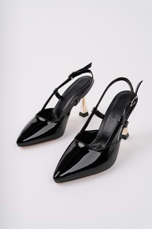 BulutMod BA04456 Siyah Rugan Kadın Yanı Bantlı Abiye 9 cm Topuklu Ayakkabı-39