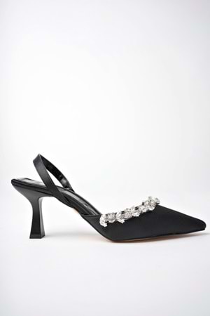 BulutMod BA04456 Siyah Kadın Yaprak Taşlı Lastikli Yumuşak Taban 6 Cm Topuklu Ayakkabı