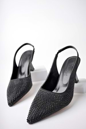 BulutMod Siyah Kadın Taşlı Arka Lastikli Klasik Topuklu Ayakkabı - Siyah - 40