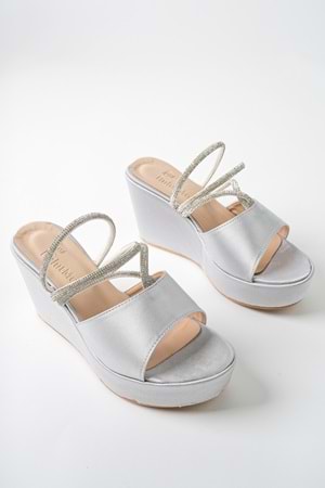 BulutMod BA04482 Gümüş Kadın saten Sargı Taşlı Günlük Abiye Dolgu Topuklu Terlik - Gümüş - 37