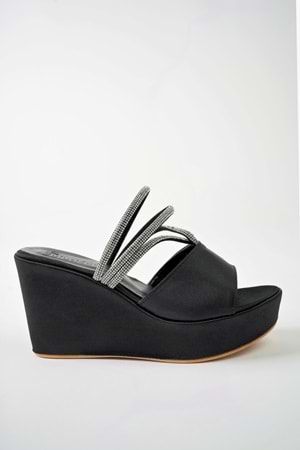 BulutMod BA04482 Siyah Kadın saten Sargı Taşlı Günlük Abiye Dolgu Topuklu Terlik - Siyah - 38