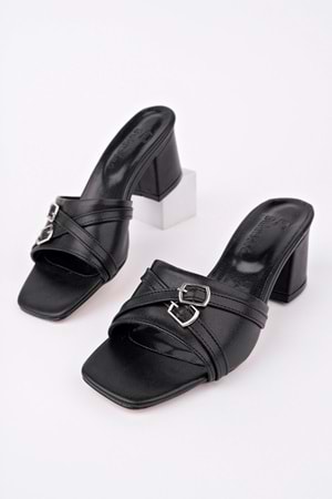 BulutMod BA04483 Siyah Kadın Çapraz Toka Günlük Klasik 5cm Topuklu Terlik - 43