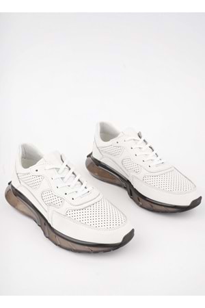 BulutMod Beyaz Erkek Hakiki Deri Delikli Şeffaf Tabanlı Spor Ayakkabı - Beyaz - 40