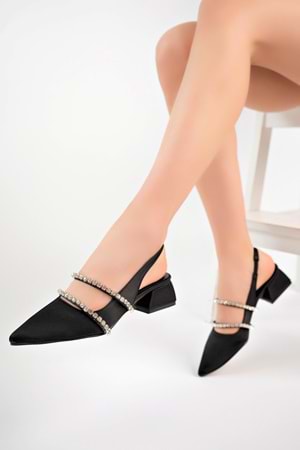 BulutMod BA04490 Siyah Kadın Çift Şerit Taş Abiye Kısa Klasik Topuklu Ayakkabı - Siyah - 38