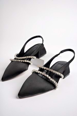 BulutMod BA04490 Siyah Kadın Çift Şerit Taş Abiye Kısa Klasik Topuklu Ayakkabı - Siyah - 38