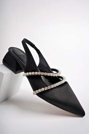 BulutMod BA04490 Siyah Kadın Çift Şerit Taş Abiye Kısa Klasik Topuklu Ayakkabı - Siyah - 38