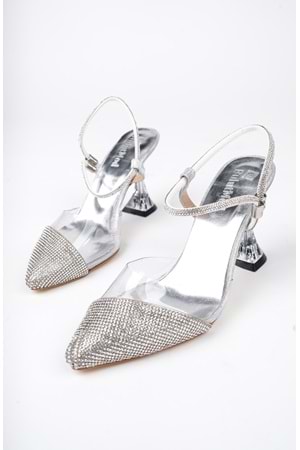 BulutMod BA04492 Gümüş Kadın Ön Taşlı Şefaf Abiye 9 Cm Şeffaf Topuklu Ayakkabı