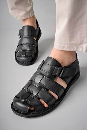 BulutMod Siyah BA04498 Erkek Hakiki Deri Sandalet Jel Topuk Masajlı Ayakkabı - Siyah - 40