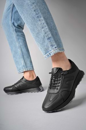 BulutMod Siyah BA04499 Erkek Hakiki Deri Lastik Bağcıklı Jel Topuk Spor Ayakkabı - Siyah - 44