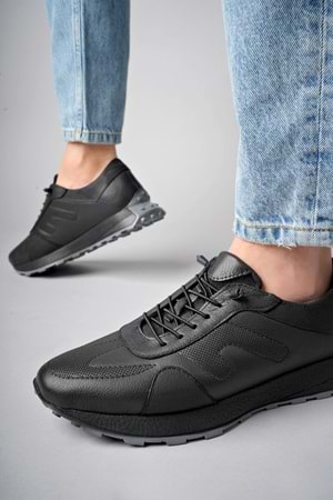 BulutMod Siyah BA04499 Erkek Hakiki Deri Lastik Bağcıklı Jel Topuk Spor Ayakkabı - Siyah - 44