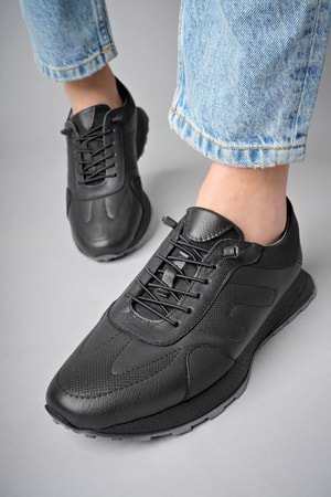 BulutMod Siyah BA04499 Erkek Hakiki Deri Lastik Bağcıklı Jel Topuk Spor Ayakkabı - Siyah - 44