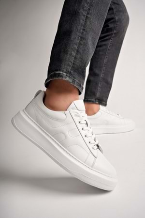 BulutMod BA04507 Beyaz Deri Erkek H Baskı Hakiki Deri Günlük Spor Ayakkabı - Beyaz Deri