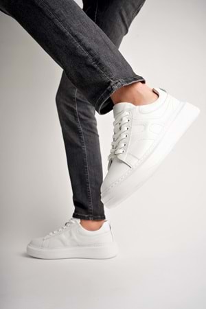 BulutMod BA04507 Beyaz Deri Erkek H Baskı Hakiki Deri Günlük Spor Ayakkabı - Beyaz Deri