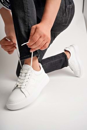 BulutMod BA04507 Beyaz Deri Erkek H Baskı Hakiki Deri Günlük Spor Ayakkabı - Beyaz Deri