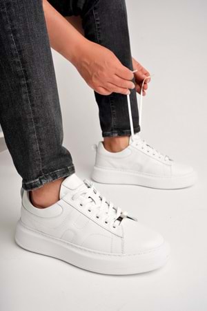 BulutMod BA04507 Beyaz Deri Erkek H Baskı Hakiki Deri Günlük Spor Ayakkabı - Beyaz Deri