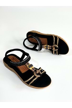 Guja BA04519 Siyah Dantel Halka Taşlı Ful Ortopedik İthal Lastikli Sandalet - Siyah - 40