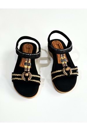 Guja BA04519 Siyah Dantel Halka Taşlı Ful Ortopedik İthal Lastikli Sandalet - Siyah - 40