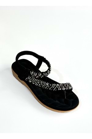 Guja BA04521 Siyah Taşlı Parmak Arası Ful Ortopedik İthal Lastikli Sandalet - Siyah - 40