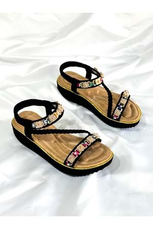 Guja BA04524 Siyah Kadın Bilek Taşlı Günlük Ortopedik Kalın Taban İthal Sandalet - Siyah Süet - 41
