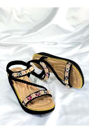 Guja BA04524 Siyah Kadın Bilek Taşlı Günlük Ortopedik Kalın Taban İthal Sandalet - Siyah Süet - 41