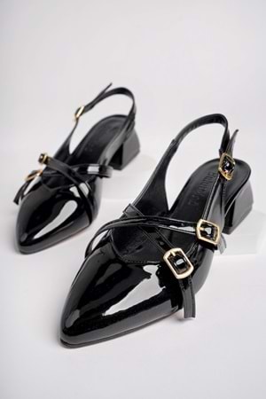 BulutMod BA04532 Siyah Kadın Rugan Çapraz Kemer Tokalı Günlük 4cm Topuklu Ayakkabı - Siyah - 36