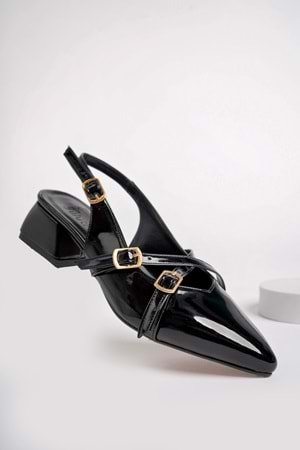 BulutMod BA04532 Siyah Kadın Rugan Çapraz Kemer Tokalı Günlük 4cm Topuklu Ayakkabı - Siyah - 36