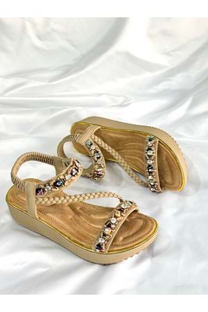 Guja BA04535 Bej Kadın Bilek Şerit Taşlı Günlük Ortopedik Kalın Taban İthal Sandalet - BEJ - 36