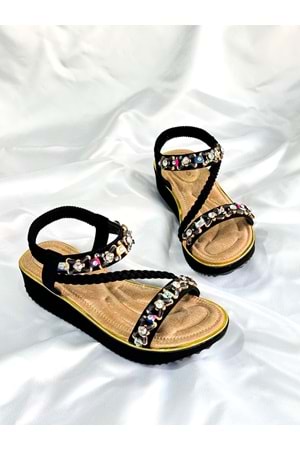 Guja BA04535 Siyah Kadın Bilek Şerit Taşlı Günlük Ortopedik Kalın Taban İthal Sandalet - Siyah - 40