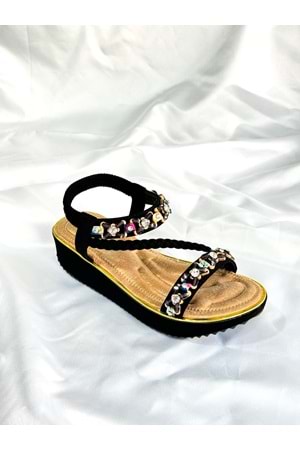 Guja BA04535 Siyah Kadın Bilek Şerit Taşlı Günlük Ortopedik Kalın Taban İthal Sandalet - Siyah - 40