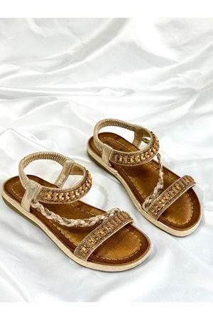 Guja BA04536 Altın Kadın Bilek Şerit Taş Ortopedik İthal Lastikli Sandalet - ALTIN DORE - 40