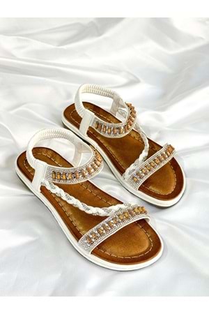 Guja BA04536 Beyaz Kadın Bilek Şerit Taş Ortopedik İthal Lastikli Sandalet - Beyaz - 37