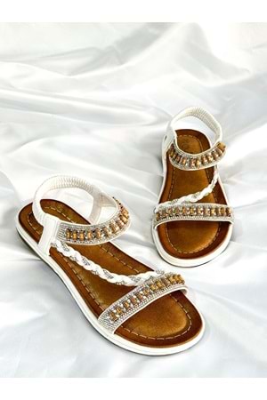 Guja BA04536 Beyaz Kadın Bilek Şerit Taş Ortopedik İthal Lastikli Sandalet - Beyaz - 37