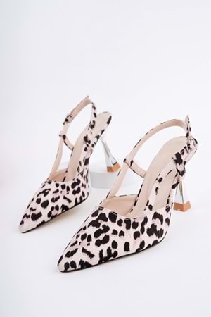 BulutMod BA04566 Bej Kadın Leopar Yanı Açık 9 Cm Topuklu Ayakkabı