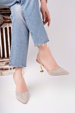 BulutMod BA04567 Altın Kadın Pul Simli Şeffaf Lastikli Abiye 9 Cm Topuklu Ayakkabı