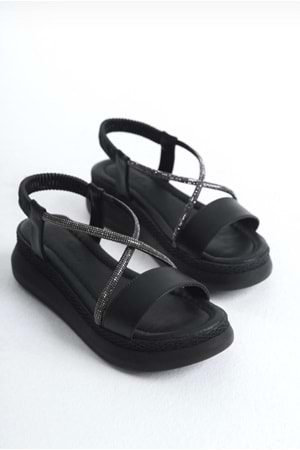 BulutMod BA04577 Siyah Kadın Çapraz Taş Yumuşak Tabanlı 5 cm Sandalet - 40