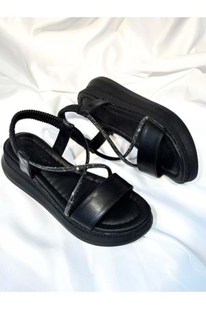 BulutMod BA04577 Siyah Kadın Çapraz Taş Yumuşak Tabanlı 5 cm Sandalet - 40