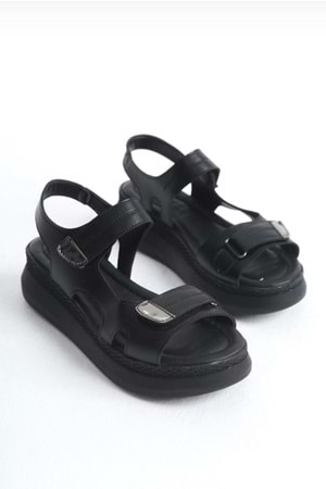 BulutMod BA04577 Siyah Deri Kadın Cırtlı Yumuşak Tabanlı 5 cm Sandalet - 37