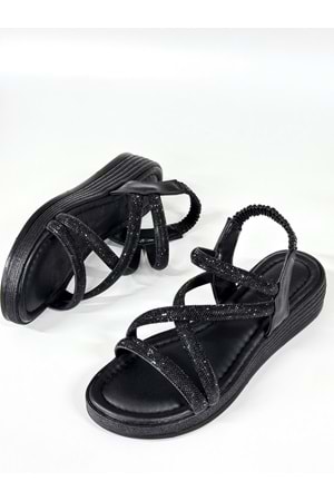 BulutMod BA04579 Siyah S Kadın Çapraz Taşlı Arka Lastikli Yumuşak Tabanlı 4Cm Sandalet - 37
