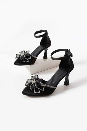 BulutMod BA04592 Siyah Kadın Taşlı Fiyonklu 8 Cm Topuklu Ayakkabı - 39