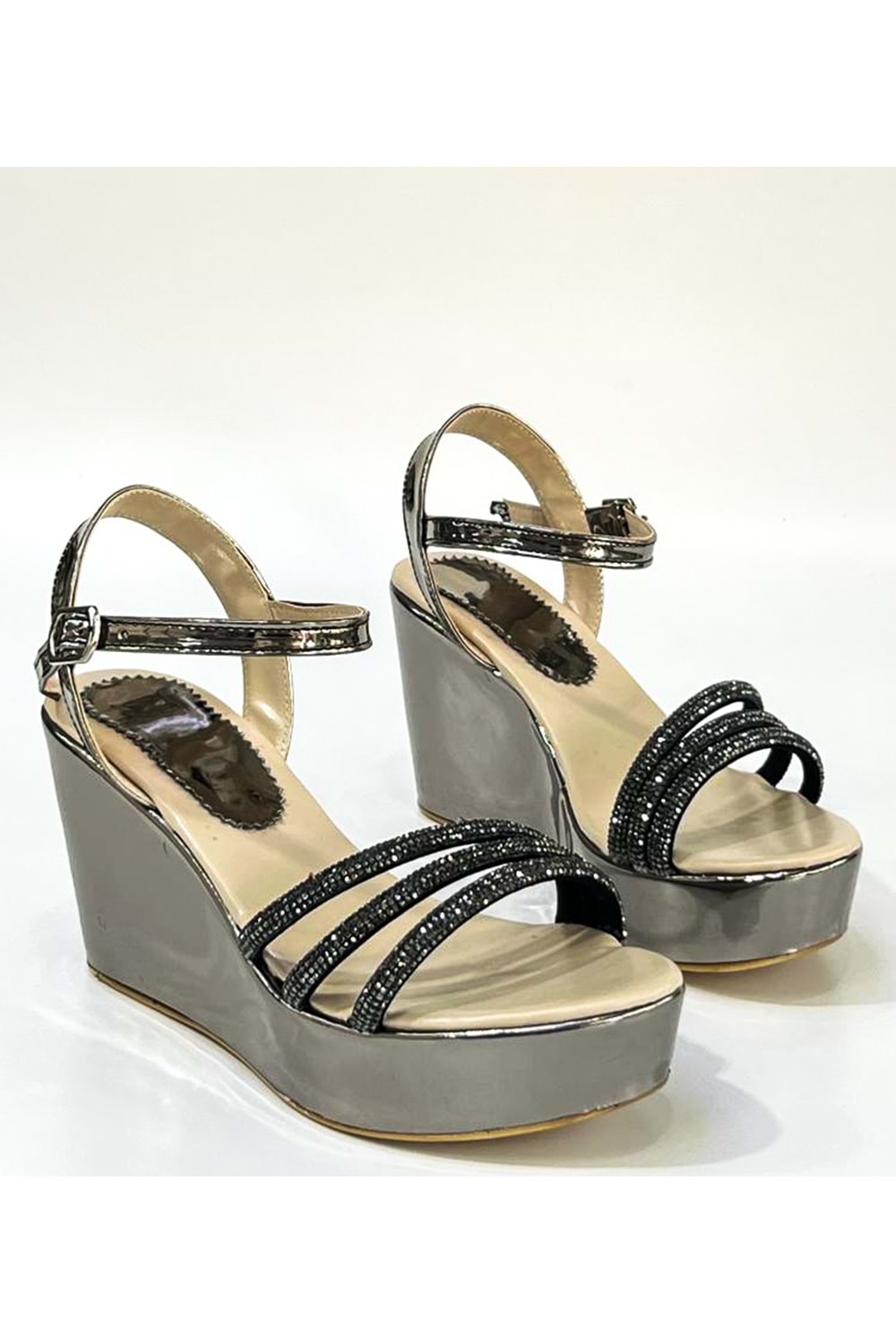 Bulutmod BA04099 Platin Kadın Üç Taşlı Abiye Günlük Dolgu Topuklu Ayakkabı - PLATIN - 39