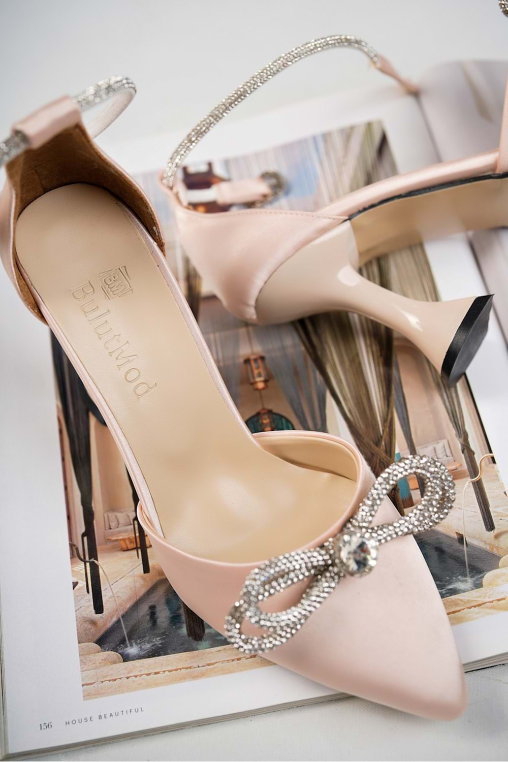 BulutMod BA04148 Ten Kadın Saten Fiyonklu Taşlı Abiye Topuklu Ayakkabı - Ten - 37