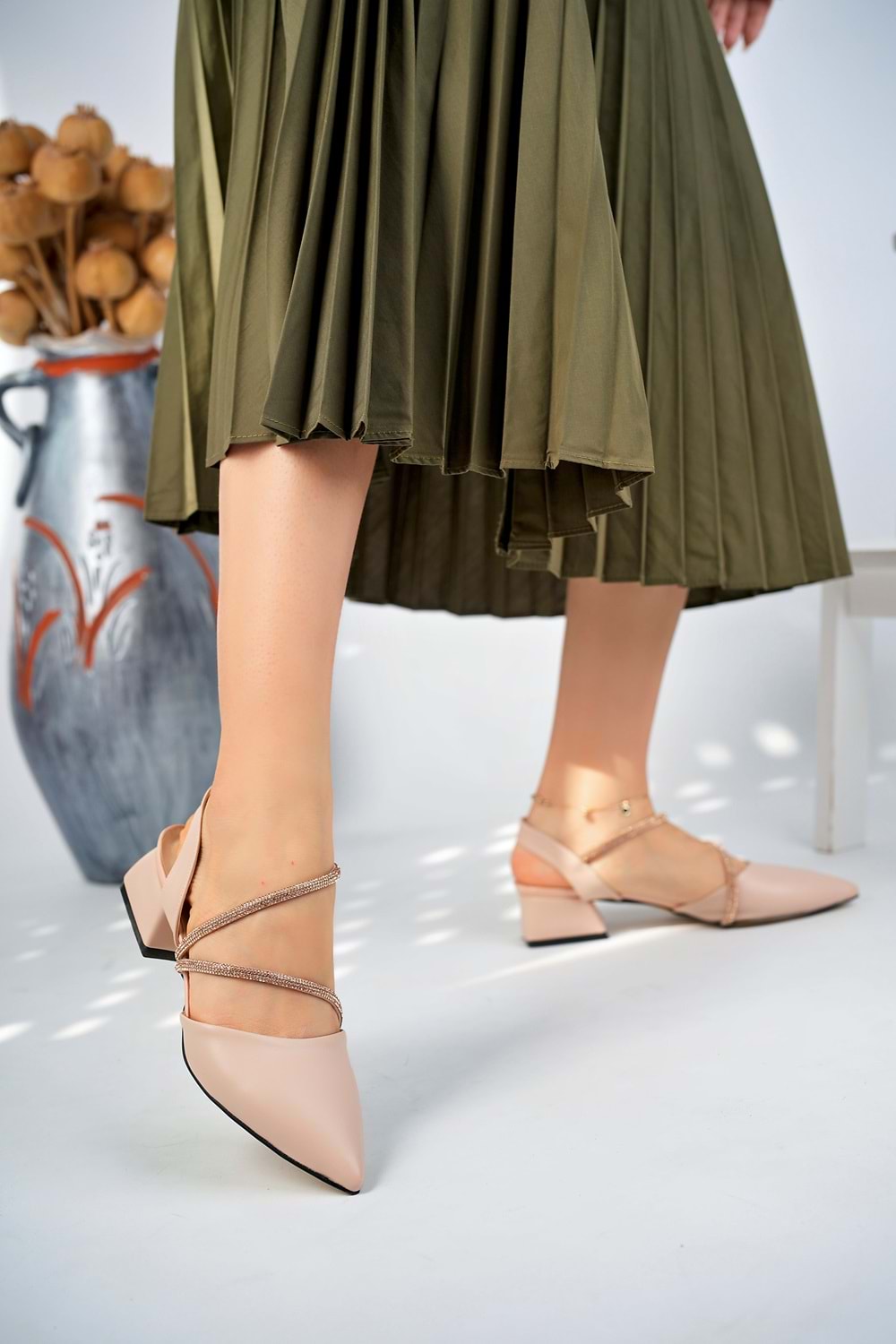 BulutMod BA04149 Ten Kadın İki Taşlı Günlük Abiye Kısa Topuklu Ayakkabı - Ten - 40