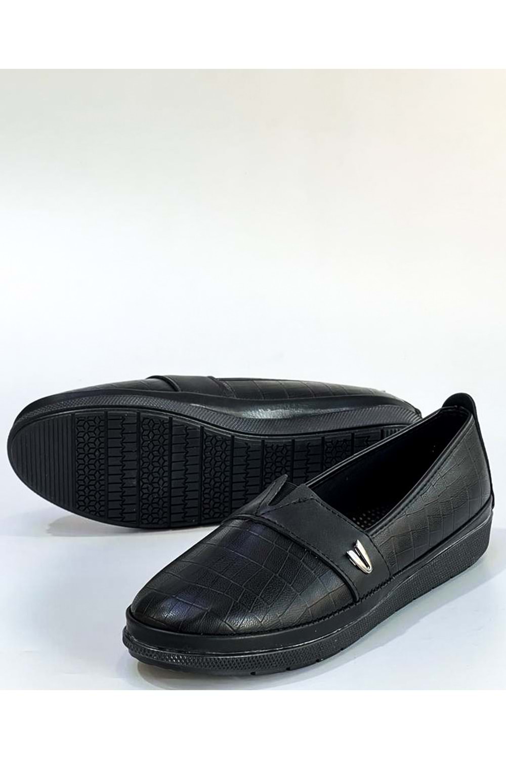 BulutMod Siyah Kadın Baskılı Büyük Numara Günlük Yumuşak Taban Babet Ayakkabı - Siyah Deri - 42