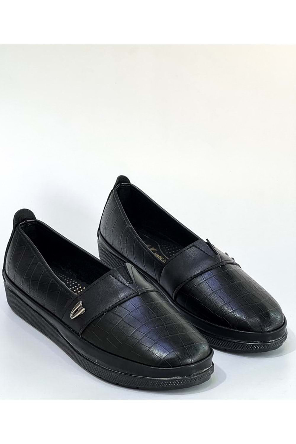 BulutMod Siyah Kadın Baskılı Büyük Numara Günlük Yumuşak Taban Babet Ayakkabı - Siyah Deri - 42