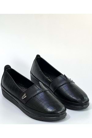 BulutMod Siyah Kadın Baskılı Büyük Numara Günlük Yumuşak Taban Babet Ayakkabı - Siyah Deri - 42