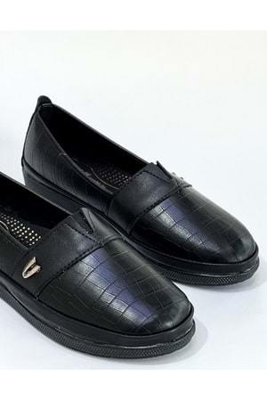 BulutMod Siyah Kadın Baskılı Büyük Numara Günlük Yumuşak Taban Babet Ayakkabı - Siyah Deri - 42