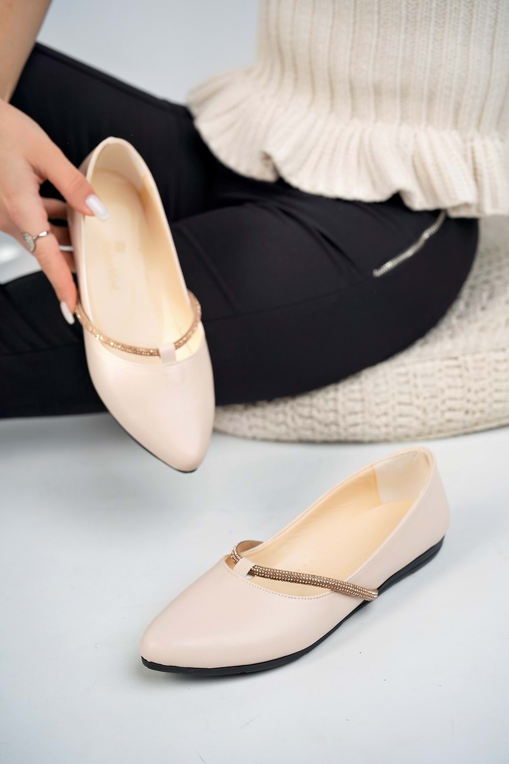 bulutmod BA04251 Ten Kadın Taşlı Büyük Numara Günlük Babet Ayakkabı - Ten - 37