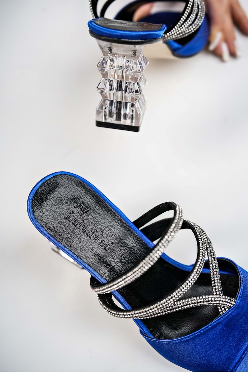 BulutMod BA04258 Saks Mavi Kadın Saten Üç Sargı Taş Ayakkabı Ve Topuklu Terlik - MAVİ - 37