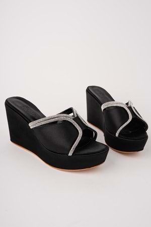 BulutMod BA04266 Kadın Siyah Saten Taşlı Abiye Gelinlik Günlük Dolgu 9cm Topuklu Terlik - 38