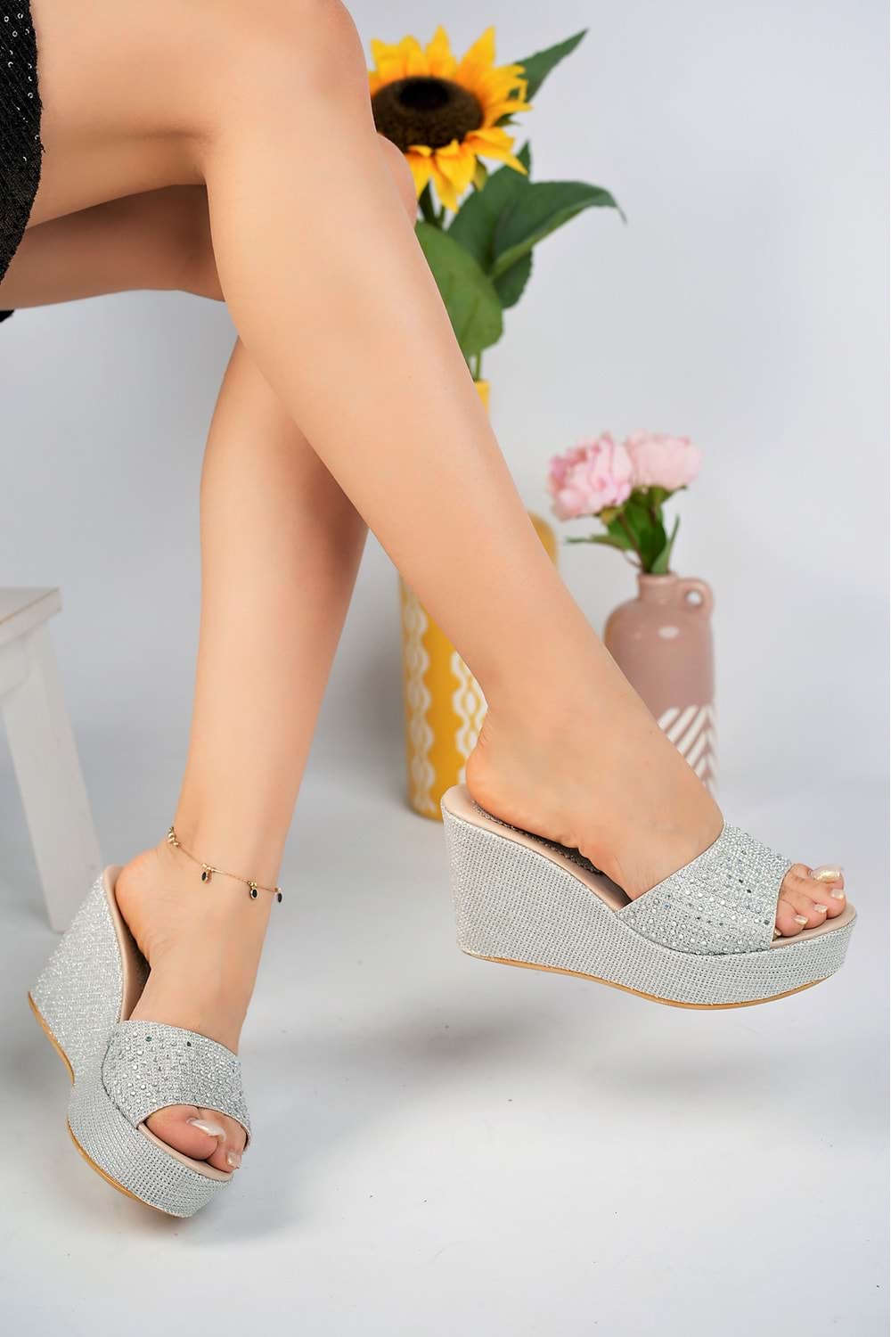 BulutMod BA04266 Gümüş Kadın Taşlı Abiye Gelinlik Günlük Dolgu 9cm Topuklu Terlik - Gümüş - 37